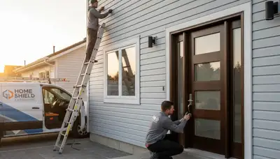 Technician repairing residential door with new vinyl siding in Rochester, NY home exterior