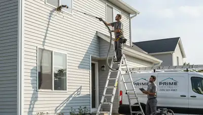 Technician cleaning residential gutters on vinyl-sided home in Rochester, NY