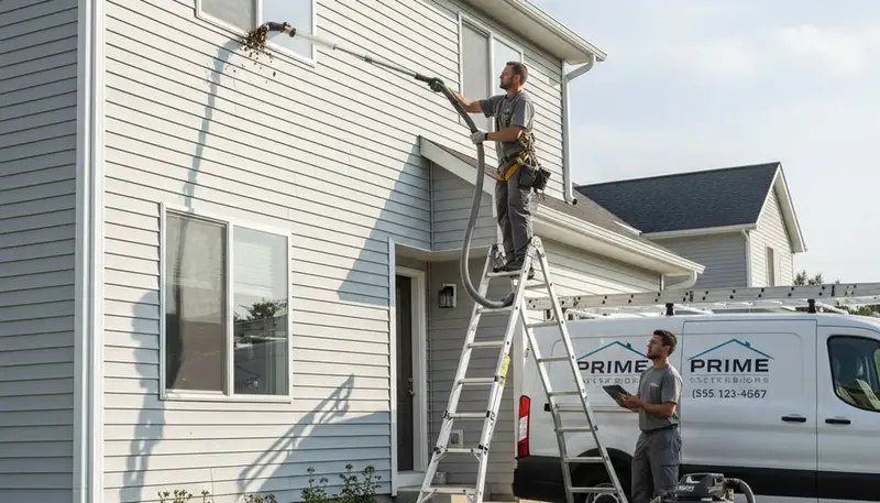 Technician cleaning residential gutters on vinyl-sided home in Rochester, NY