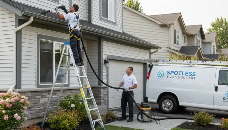 Technician performing gutter cleaning on Rochester NY home with vinyl siding exterior