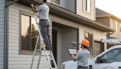 Technician performing gutter inspection on vinyl siding home in Rochester, NY