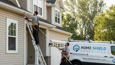 Technician performing gutter inspection on vinyl siding home in Rochester, NY