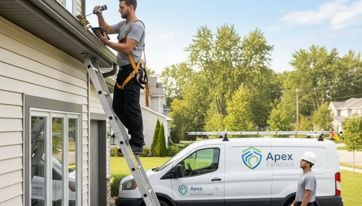 Technician performing gutter inspection on vinyl siding home in Rochester, NY
