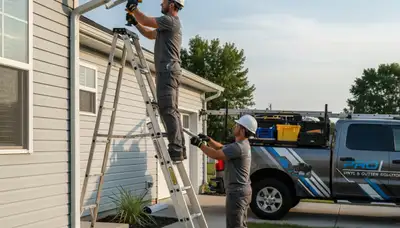 Technician repairing home gutters and vinyl siding in Rochester, NY for Next Level Exteriors
