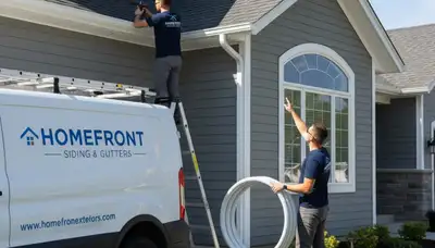 Technician repairing home gutter and vinyl siding in Rochester, NY for Next Level Exteriors