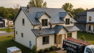 Metal roofing installation on home exterior in Rochester, NY by Next Level Exteriors professionals