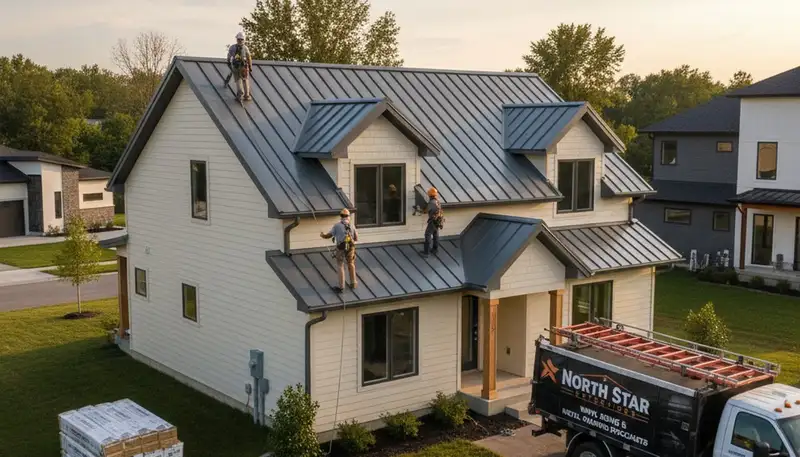 Metal roofing installation on home exterior in Rochester, NY by Next Level Exteriors professionals