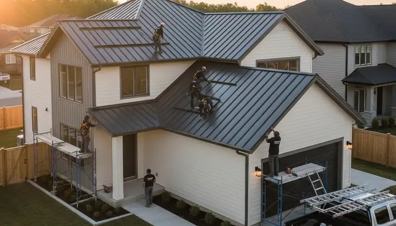 Metal roofing installation on home exterior in Rochester, NY by Next Level Exteriors professionals