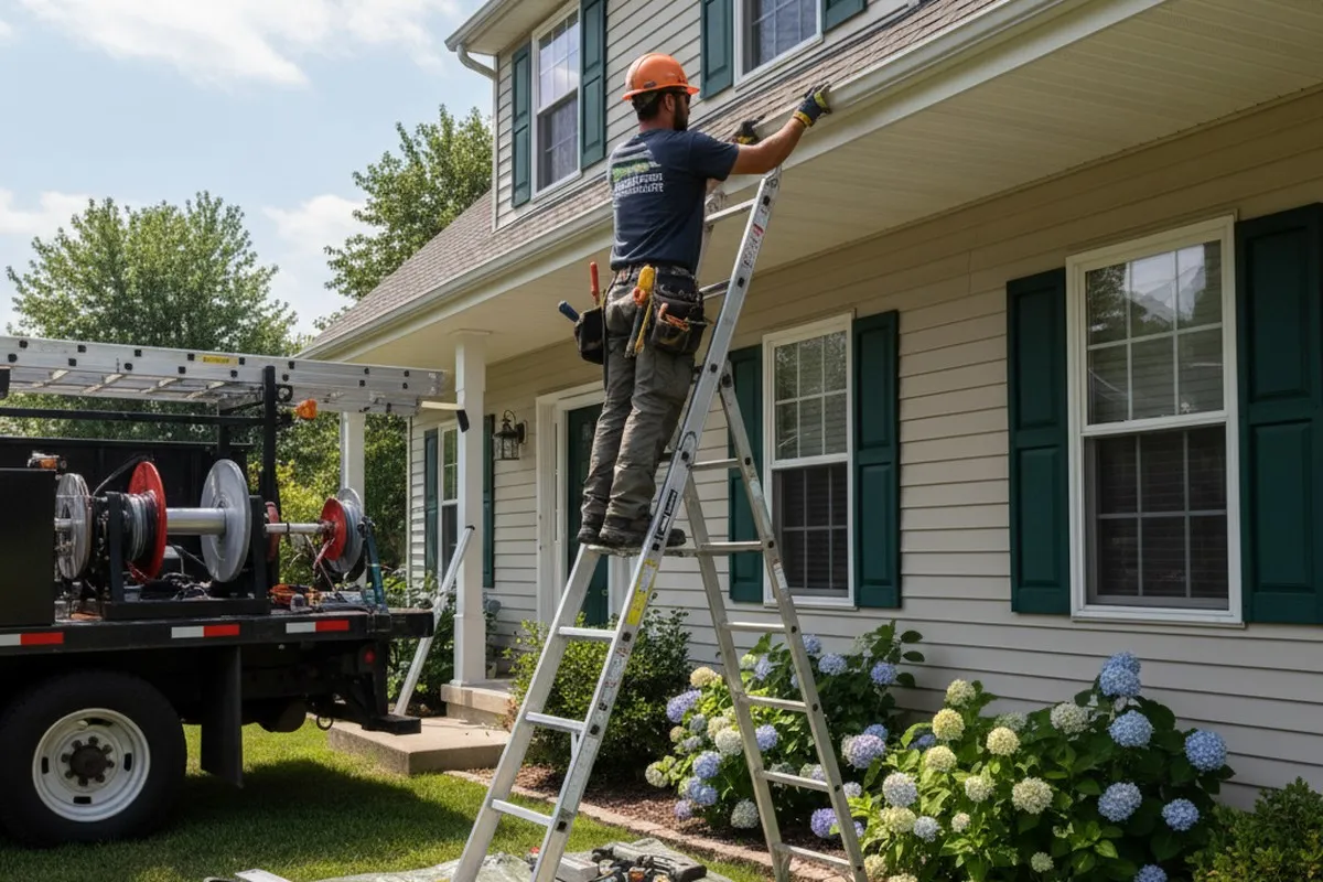 Technician installing seamless gutters on Rochester NY home for Next Level Exteriors vinyl siding service