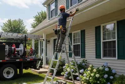 Technician installing seamless gutters on Rochester NY home for Next Level Exteriors vinyl siding service