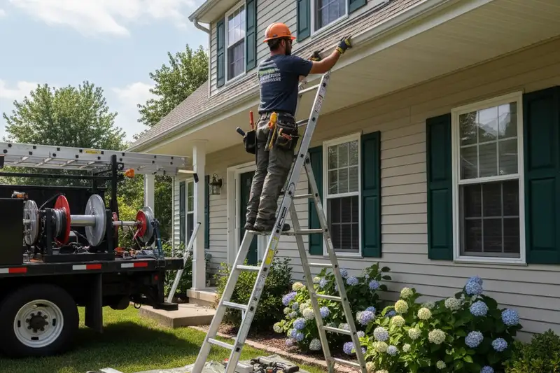 Technician installing seamless gutters on Rochester NY home for Next Level Exteriors vinyl siding service