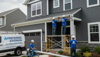 Seamless aluminum gutters installed on vinyl siding home in Rochester, NY by Next Level Exteriors