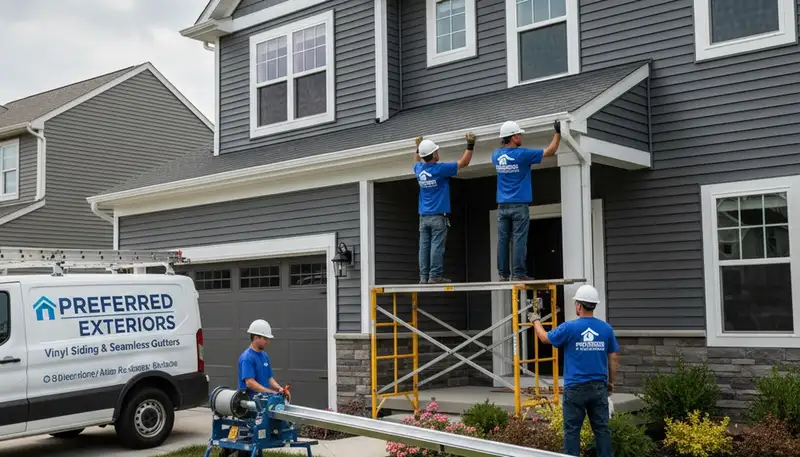 Seamless aluminum gutters installed on vinyl siding home in Rochester, NY by Next Level Exteriors