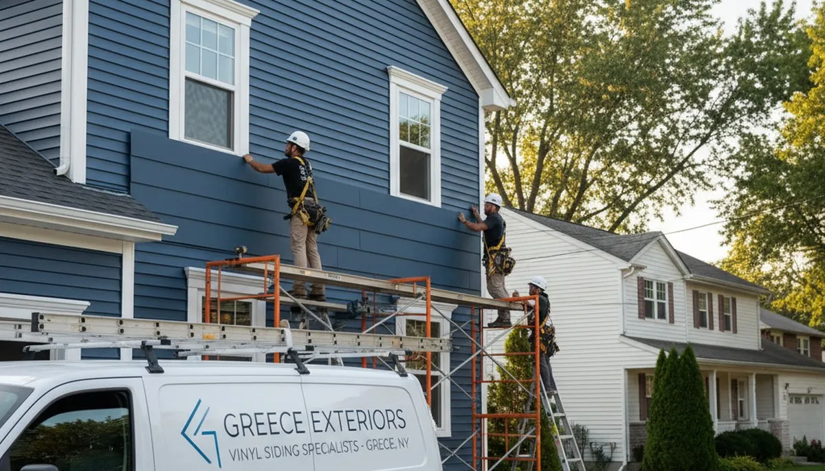 Vinyl siding installation on home exterior by professional siding contractors in Rochester NY