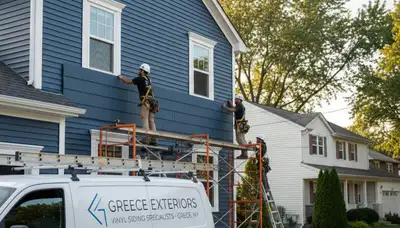 Vinyl siding installation on home exterior by professional siding contractors in Rochester NY