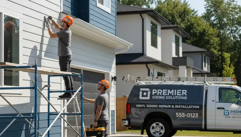 Technician repairing damaged vinyl siding on home exterior in Rochester, NY