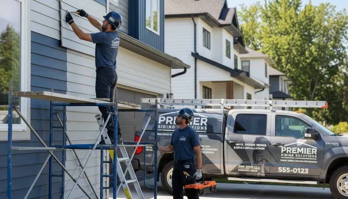 Technician repairing vinyl siding on Rochester NY home exterior damaged by winter weather