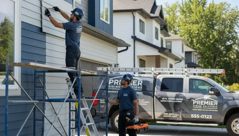 Technician repairing vinyl siding on Rochester NY home exterior damaged by winter weather