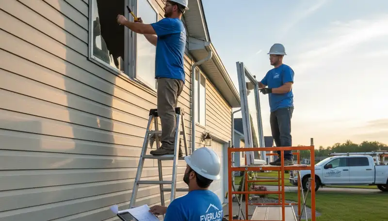 Technician performing window repair on home with vinyl siding in Rochester, NY