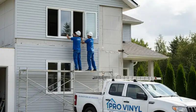 Technician repairing residential window with vinyl siding in Rochester, NY